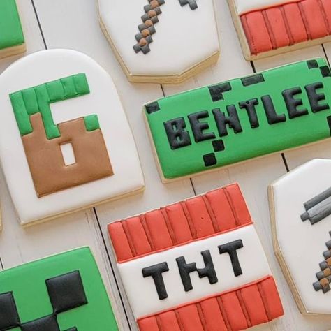 Minecraft Cookies Decorated, Minecraft Sugar Cookies, Birthday Thoughts, Minecraft Cookies, Custom Sugar Cookies, No Egg Cookies, Minecraft Birthday Party, Sugar Cookie Designs, Cookie Time