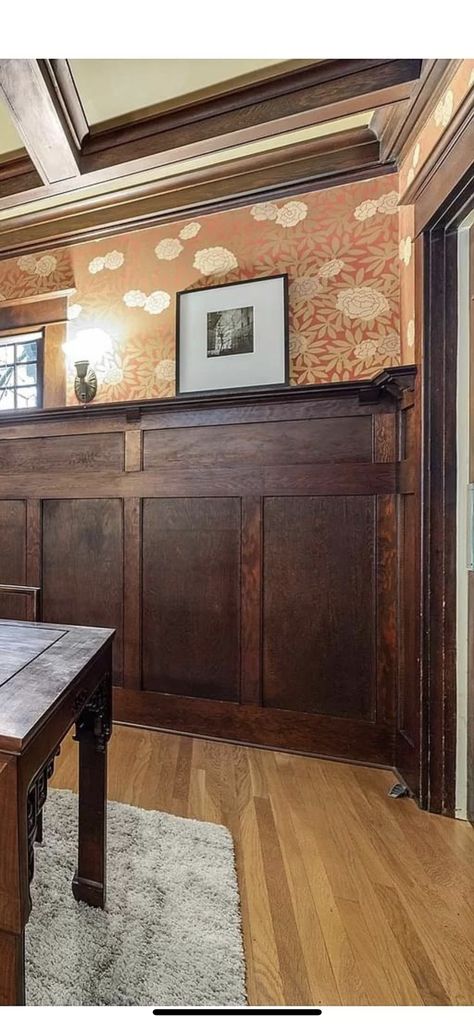 Arts And Crafts Panelling, 1920s Panelling, Craftsman Wall Paneling, Cherry Wainscoting, Dark Wood Paneling Walls, Craftsman Aesthetic, Dark Cherry Furniture, Oak Wainscoting, Home Theater Room Ideas