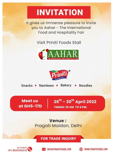 We feel immense pleasure to invite you all to attend Aahar - The International Food and Hospitality Fair at Pragati Maidan, Delhi from 26th - 30th April 2022. Relish the flavours with Priniti's variety of stalls. Visit Priniti Foods Stall to grab your favourite flavours. Your presence will be delightful! #prinitifoods #aahar #safefood #exhibition #indianincredients #event #enjoy #delicioustaste #namkeen #readytoeat #love #foodie #snacks #chakhlezindagi Stall Invitation, International Food, Food Stall, International Recipes, Relish, Snacks, Quick Saves