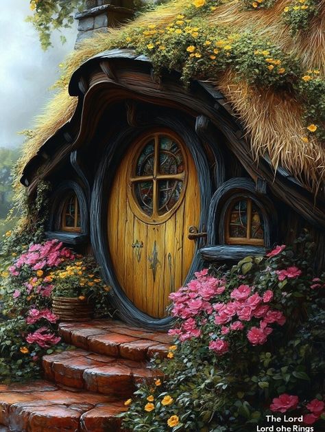 Middle-earth (J.R.R. Tolkien's "The Lord of the Rings") Hobbit House Exterior, Hobbit Cake, Casa Dos Hobbits, Cosy Homes, Hobbit Holes, Enchanted Castles, Unique Cottages, Storybook Homes, Whimsical Art Paintings