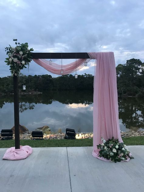 Our blush pink asymmetric arch with hanging candle jars #morikami Navy Blue And Blush Pink Wedding Backdrop, Wedding Gate, Hanging Candle, Ceremony Design, Wedding Items, Hanging Candles, Blush Pink Weddings, Navy Blue Wedding, Ceremony Decor