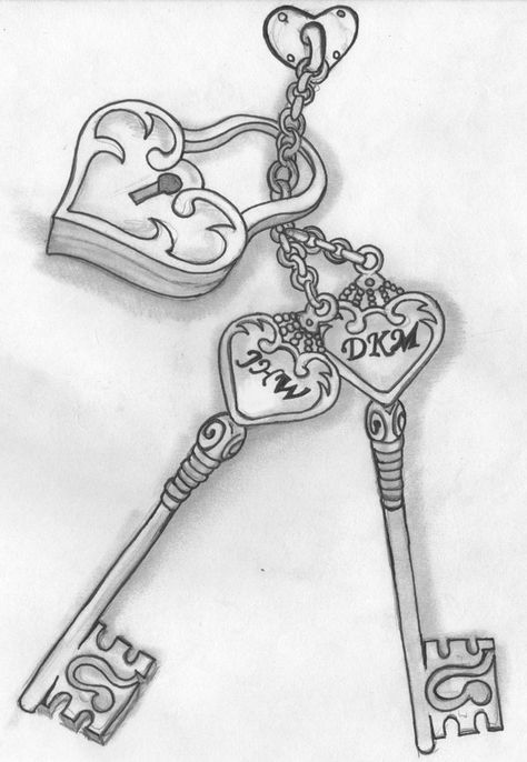 Heart And Key Drawing, Lock Key Tattoos, Love Initials, Easy Drawing Ideas For Beginners, Initials Tattoo, Tattoo Banner, Tangled Sun, Key Drawings, Drawing Hacks