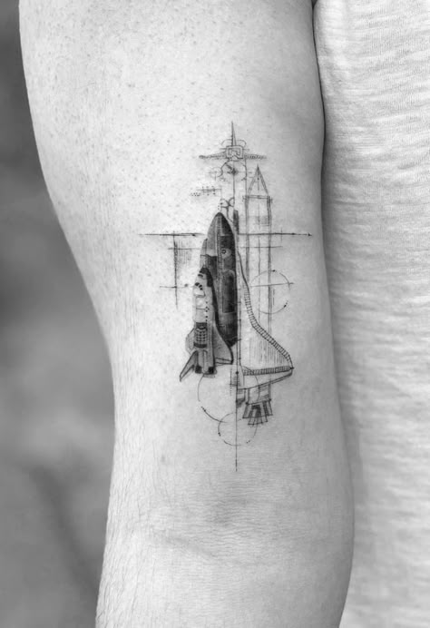 Life Tattoo Sleeve, Realism Sleeve Tattoo, Space Shuttle Tattoo, Realism Sleeve, Rocket Ship Tattoo, Turkish Tattoo, Spaceship Tattoo, Tattoos 2022, Tech Tattoo