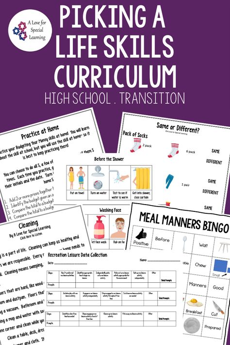 Read this blog post about my teacher created functional life skills curriculum. Designed for high school and transition special education students, the lessons are consistent, engaging, and creative. Independent living, money, vocational, restaurant, cooking and kitchen, and technology skills, recreation leisure, and more! The curriculum bundle covers functional life skills and activities of daily living and includes lesson units with notes, activities, review, task cards, test, and assessment. Free Life Skills Curriculum, Life Skills Curriculum Special Education, Prevocational Activities Life Skills, Independent Living Skills Activities, High School Life Skills Classroom, Middle School Life Skills Classroom, Functional Life Skills Special Education, Special Education Curriculum, About My Teacher