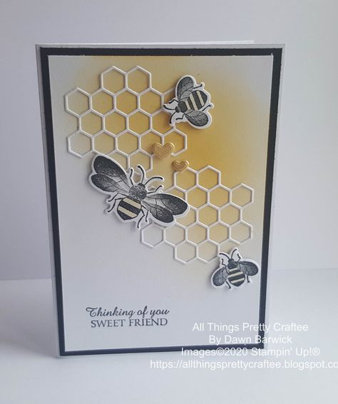 Loving the Honey Bee Bundle.  I added a little blended ink to the background on this one.  I wanted it to look like the Bees were hard at work inside the hive. Make Birthday Cards, Ladybug Cards, Honey Bee Home, Hexagon Cards, Diy Pop, Hand Made Greeting Cards, Crafts Cards, Cute Birthday Cards, Bee Cards