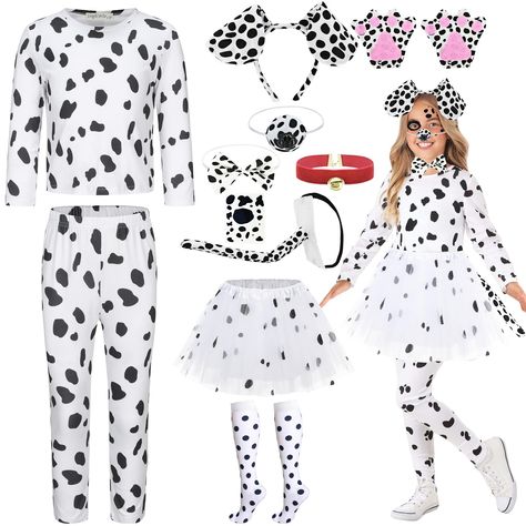 PRICES MAY VARY. This 11-piece set of kids Dalmatian costume includes: 1 x 101 Dalmatian costume Dalmatian T-shirs for children, 1 Dalmatian pants, 1 Dalmatian headband with ears, 1 dog nose, 1 tail, 1 bell collar; 1 pair of paw gloves, 1 bowtie, 1 pair of spot socks, 1 tutu dress, 1 spot tattoo sticker. A complete 101 dalmatians costume will meet your 101 day school costume party needs. The 101 Dalmatian costume set shirt and skirt are made of polyester fabric and decorated from head to toe lik Dalmatian Pants, Dalmatian Headband, 100 Days Of School Costume, Dalmatian Dog Costume, 101 Dalmatians Costume, Spot Tattoo, Dalmatian Costume, Bell Collar, Paw Gloves