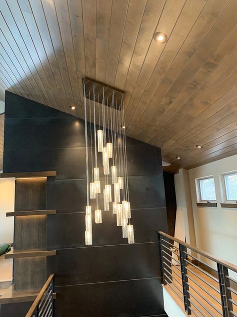 High Sealing Lighting Ideas, Chandelier On Sloped Ceiling, Chandelier For Slanted Ceiling, Multi Pendant Chandelier, Stairway Chandelier Modern, Multi Light Pendant Chandelier, Modern Chandelier Entryway, Entry Lighting High Ceiling, Slanted Ceiling Lighting