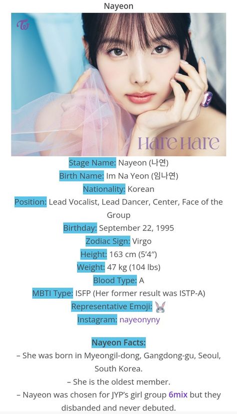 BIODATA OF TWICE NAYEON BY @KProfiles website Twice Nayeon, Nayeon Twice, Stage Name, Kpop Aesthetic, I School, Girl Group, Dancer, Collage, Pins