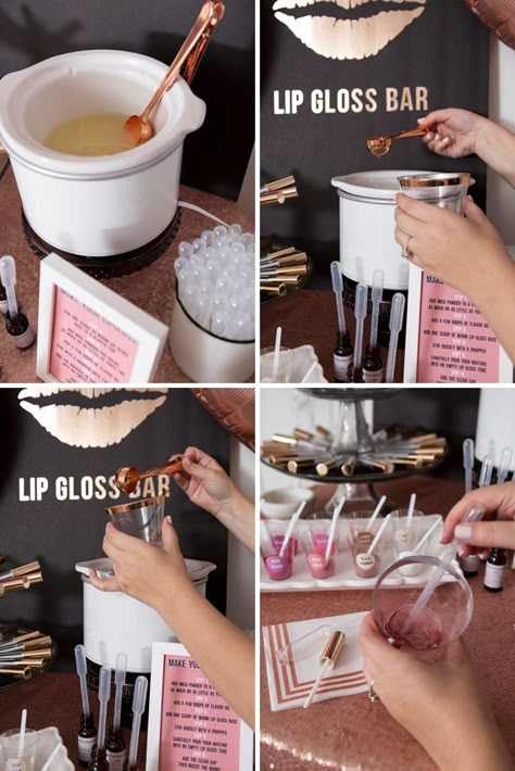 WOW! This DIY Lip Gloss Favor Bar Idea Is Ultra Fabulous! Lip Gloss Making Kit, Boutique Party Ideas, Lip Gloss Bar, Making Lipgloss, How To Make Lip Gloss, Homemade Business Ideas, Making Lip Gloss, Make Your Own Lip Gloss, Make Your Own Lipstick