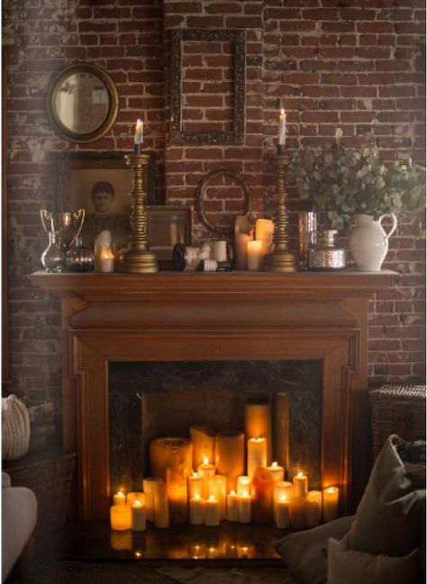 Fireplace full of candles - all is cozy and bright! Fireplace With Books, Book Fireplace, Reading By Candlelight, Fireplace Candles, Books And Candles, Indoor Fireplaces, California Room, Bedroom Candles, Candles In Fireplace