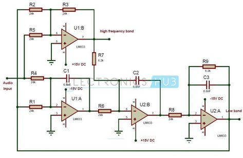 Active Audio Crossover Circuit | Electronic Filter Circuits Electronic Filters, Circuit Components, Mini Amplifier, Hobbies To Take Up, Audio Crossover, Dc Circuit, Simple Circuit, Hobby Electronics, Electronic Circuit Projects