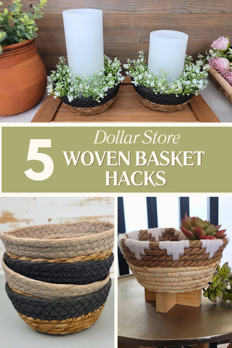 Mini Basket Decor Ideas, Dollar Tree High End Diy, Basket Decor Ideas, Dollar Tree Baskets, Dollar Tree Diys, Basket Crafts, Basket Uses, Dollar Tree Decor, Straw Basket