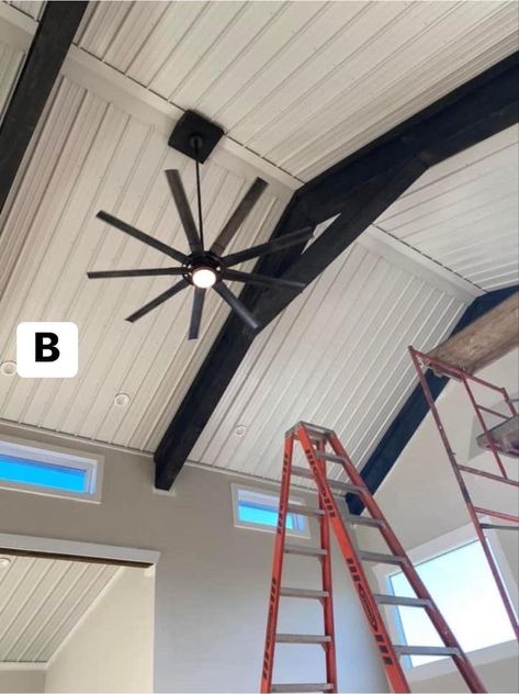 Metal Ceiling Barndominium, Metal Vaulted Ceiling, Metal Ceiling Design Interiors, Corigated Metal Ceiling, White Metal Ceiling Ideas, Barndominium Metal Ceiling Ideas, Bolted Ceiling, Barndo Ceiling Ideas, Metal Building Interior Wall Ideas