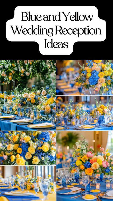 Blue and yellow wedding reception decor with vibrant floral arrangements and cheerful table settings for a bright celebration Blue And Yellow Mediterranean Wedding, Yellow Wedding Reception, Creative Table Settings, Yellow And Blue Wedding, Blue And Yellow Wedding, Sunflower Wedding Decorations, Vibrant Decor, Creative Table, Mediterranean Wedding