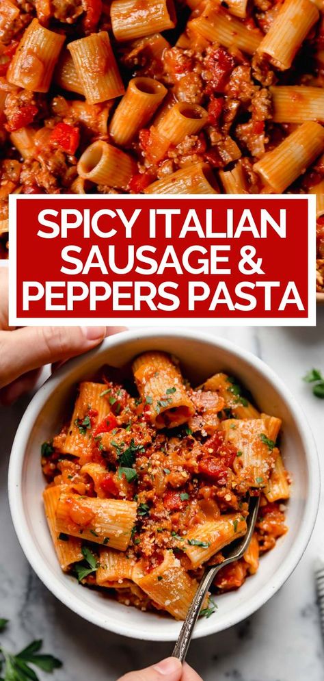 Italian Sausage And Peppers Pasta, Sausage And Pepper Pasta, Peppers Pasta, Sausage And Peppers Pasta, Italian Sausage And Peppers, Spicy Italian Sausage, Pasta And Sauce, Sausage Pasta Recipes, Red Sauce Pasta