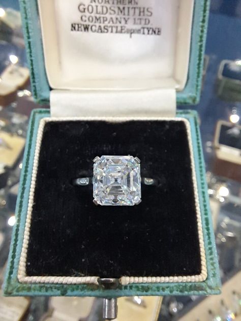 French Asscher-cut solitaire headlining the whole show Ascher Cut Diamond Ring, Vintage Asscher Engagement Ring, Asscher Engagement Ring Vintage, Asscher Cut Engagement Ring, Asscher Cut Solitaire, Ascher Cut, Asscher Engagement Ring, Asscher Cut Engagement Rings, Asscher Cut Ring