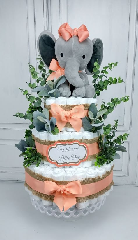 Cake Baby Boy, Diaper Cake Girl, Aqua And Lavender, Elephant Diaper Cake, Burlap Baby Showers, Girl Baby Shower Centerpieces, Stuffed Elephant, Cake Boy