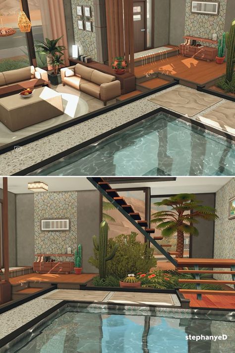 Loft The Sims 4, Sims Loft House, Sims 4 Balcony Ideas, Sims 4 Loft House Layout, Sims 4 Desert Luxe, Sims 4 Foyer Ideas, Sims 4 Loft House, Loft Sims 4, Modern Zen Interior