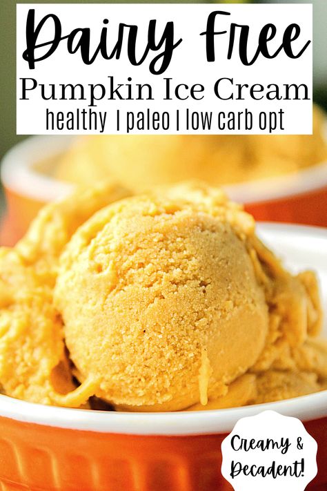 Creamy, delicious, and free of refined sugars, this pumpkin ice cream is a delcious Thanksgiving and fall treat! #paleopumpkinicecream #pumpkinicecream Pumpkin Banana Ice Cream, Dairy Free Pumpkin Ice Cream, Paleo Pumpkin Ice Cream, Pumpkin Nice Cream, Vegan Pumpkin Ice Cream, Use Ripe Bananas, Pumpkin Healthy, Pumpkin Ice Cream Recipe, Pumpkin Spice Ice Cream