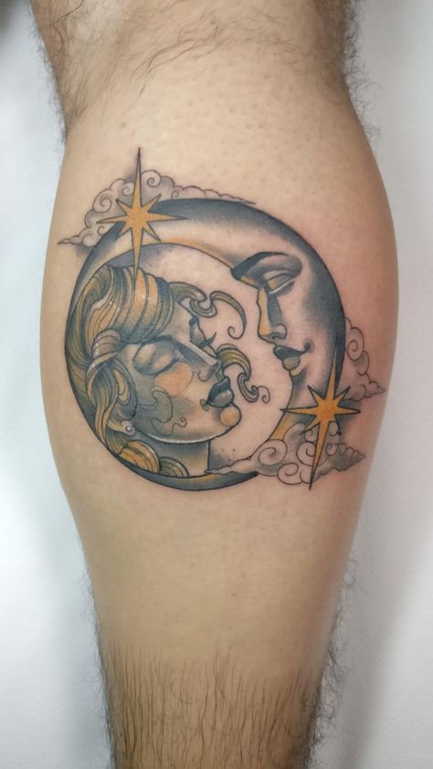 My first tattoo on right calf: Sun and Moon in Neo-Traditional style by Dria at The Rusty Key Malta (EU) #tattoos #tattoo #beauty Sun And Moon Neo Traditional, Neo Traditional Sun And Moon Tattoo, Color Sun And Moon Tattoo, Sun And Moon Kissing Tattoo, Traditional Sun And Moon Tattoo, Neo Romantic, Tato Tradisional, Americana Tattoo, Moon Sun Tattoo