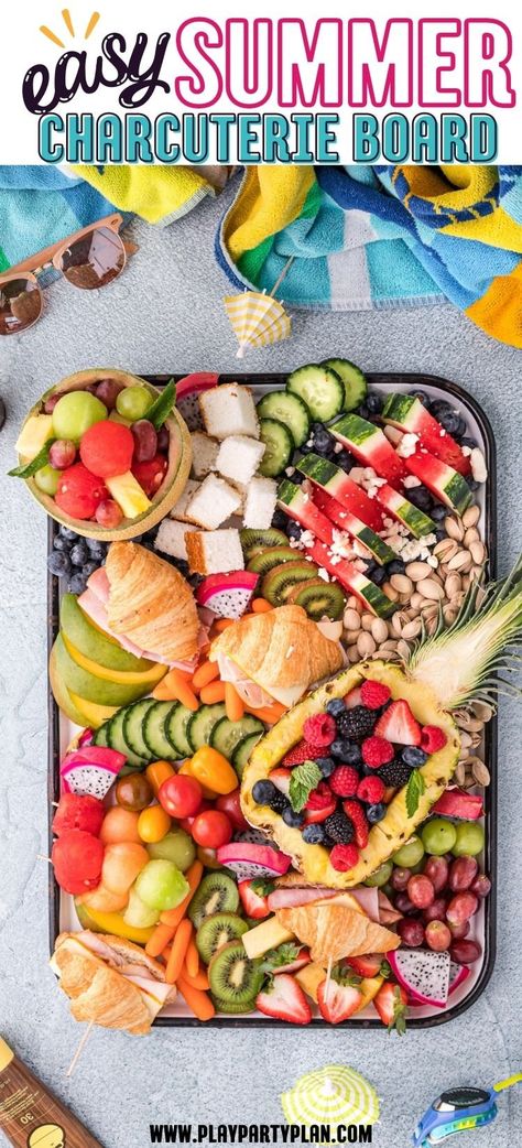 A delicious summer charcuterie board idea that's great for a pool party! Plus, you can make this charcuterie board on a budget! Charcuterie Board Pool Party, Pool Potluck Ideas, Best Pool Party Food, Pool Charcuterie Board, Pool Party Charcuterie Board, Dessert Charcuterie Board Ideas Summer, Outdoor Summer Hosting Ideas, Charcuterie Board On A Budget, Summer Charcuterie Board Ideas