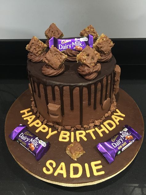 Cadbury’s Chocolate Drip Cake with chocolate flapjacks Cadbury Cake, Chocolate Flapjacks, Chocolate Drip Cake, Simple Cake Designs, Simple Cake, Birthday Cake Chocolate, Chocolate Drip, Mini Bars, Drip Cake