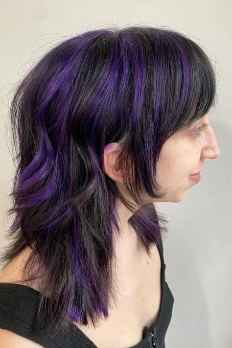 purple chunky highlights on black mullet Purple Reverse Ombre Hair, Dimensional Purple Balayage, Chunky Color Highlights, Black And Purple Color Block Hair, Mullet With Chunky Highlights, Hair With Dyed Streaks, Fun Purple Hair, Black And Purple Chunky Highlights, Violet Hair Ideas