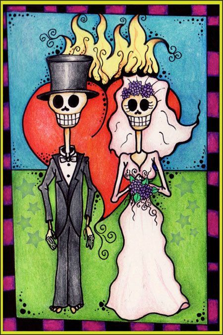 Bride And Groom Skeletons, Dia De Los Muertos Party Ideas, Day Of The Dead Wedding, Dead Bride, Groom Card, Sugar Skull Design, Day Of The Dead Skull, Wedding Painting, Bristol Board