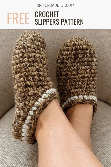 Learn how to crochet an easy and cozy slippers with this free crochet slippers pattern and video tutorial. This crochet slippers pattern includes US women's shoe sizes 5/6(7/8, 9/10, 11/12). #crochetslippers #easycrochetpattern #freecrochet Free Crochet Slippers, House Slippers Pattern, Crochet Slippers Pattern, Crochet Slippers Adult Free Pattern, Easy Crochet Slippers, Slipper Pattern, Crochet Costumes, Crochet Slipper, Crochet Socks Pattern