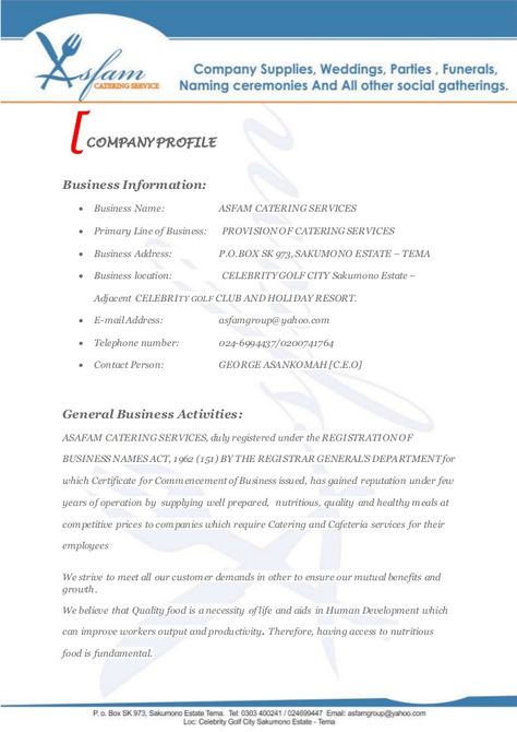 ASFAM CATERING SERVICES BUSINESS PROPOSAL Catering Company Profile, Restaurant Business Plan, Outdoor Catering, Proposal Letter, Bbq Catering, Lazy Person, Corporate Catering, Business Proposal Template, Restaurant Business