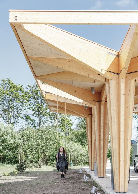 Gallery of Ultra Fast Charging Station for Electric Vehicles / COBE - 2 Car Charging Stations, Wooden Canopy, Timber Architecture, Electric Car Charging, Shelter Design, Station Service, Charging Stations, Landscape Elements, Wooden Structure