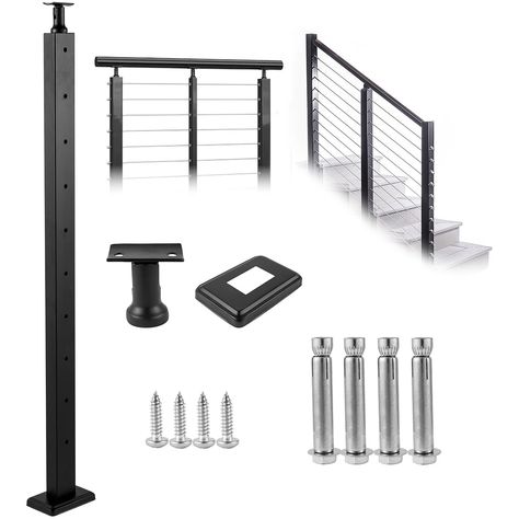 Cable Railing Post: The 36" cable handrail post in height is made of durable stainless steel and coated with powder; 0-300 degrees adjustable cast bracket is designed to fit both your interior & exterior cable railing systems; Pre-drilled holes with a standard 3" distance enable the stair railing kit to work for almost all state codes;; [Package Content] 1 x Cast Bracket; 4 x Expansion Bolts; 4 x Lag Screws; 1 x Foot Cover VEVOR railing post 3-ft x 1.97-in Stainless Steel Deck Stair Rail Kit in Black | LGZHY91.42.5520JLV0 Adding A Qood Railing To Brick Enterance, Modern Stair Railing Lowe's, Lowes Stair Railing, Craftsman Metal Railing, Cable Handrail, Deck Railing Diy, Stainless Steel Stair Railing, Deck Stair Railing, Stair Railing Kits