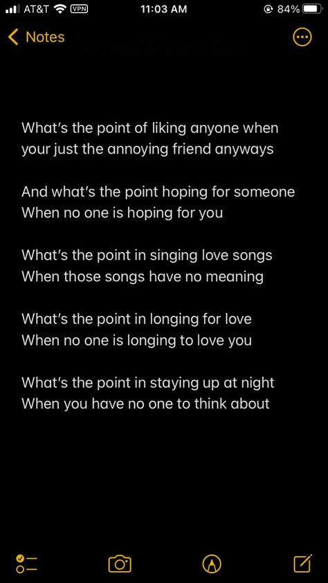 And what’s the point hoping for someone
When no one is hoping for you

What’s the point in singing love songs
When those songs have no meaning 

What’s the point in longing for love
When no one is longing to love you

What’s the point in staying up at night
When you have no one to think about Why My Crush Doesnt Like Me, Eh Poems Love Feelings, Poem About Liking Someone, Stop Liking Him Quotes, My Crush Doesnt Like Me Quotes, Poems On Love Deep, Poem On Crush, Poems For Crush Who Doesnt Like You, Poems For A Crush