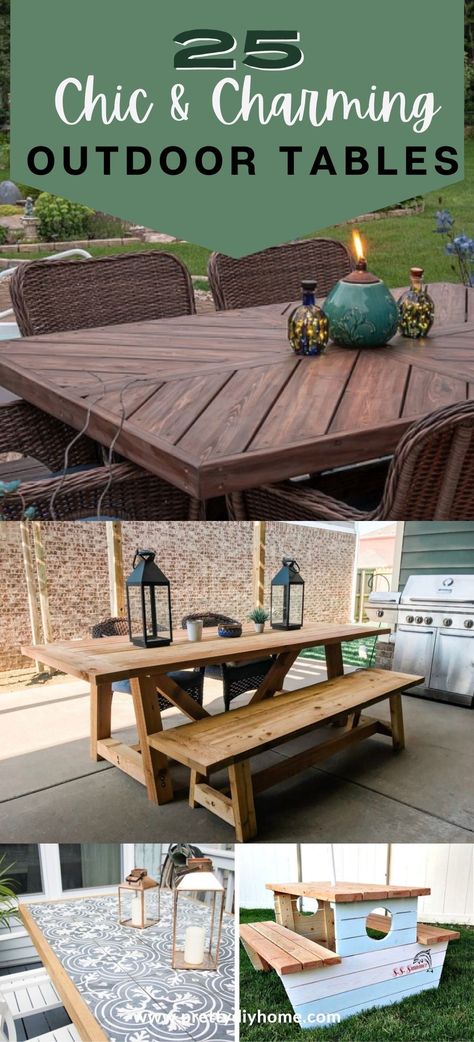 Lots of different outdoor table ideas to make an outdoor dining table for much less! Beautiful ideas for farmhouse, rustic, boho and modern picnic tables. Unique Picnic Table Ideas, Patio Table Ideas Outdoor, Rustic Outdoor Table Decor, Picnic Table Area Backyard, Picnic Table Centerpieces Outdoor, Outdoor Tabletop Decor, Outdoor Table Decor Ideas, Outside Table Decor Patio, Patio Table Centerpiece Outdoor