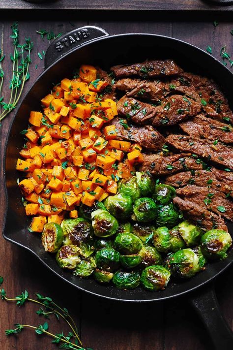 Garlic Butter Steak with Brussels Sprouts and Butternut Squash in a cast-iron skillet Fiber Veggies, Brussels Sprouts And Sweet Potatoes, Butter Steak, Garlic Butter Steak, Chicken Easy, Health Dinner, Health Dinner Recipes, Fall Dinner, Flank Steak