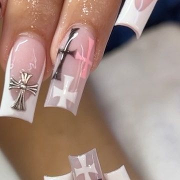 Nail Inspo Kaws, Pink French Tip Nails With Cross Charm, French Tip Cross Nails, Blue Cross Nails, Cross Design Nails, Cross On Nails, Cross Nails Design, Cross Acrylic Nails, Pink Cross Nails