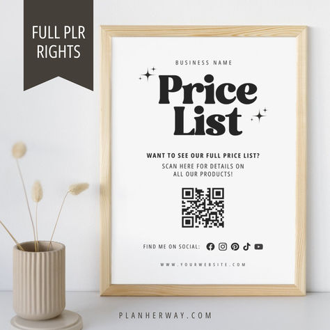 Easily showcase your pricing with this editable Price List QR Code Template, perfect for small businesses, craft fairs, markets, and salons. Available in 8x10 and 5x7 sizes, customers can quickly scan the QR code to view your full price list. Customize your business name, QR code, and social media links in Canva to match your brand. Fully editable and includes PLR rights, allowing you to resell the template! #SmallBusiness #CraftShow #QRCodeSign #CanvaTemplate #PLR Qr Code Template, Qr Code Sign, Business Printables, Price List Template, Etsy Banner, Craft Show, List Template, Qr Codes, Printable Signs