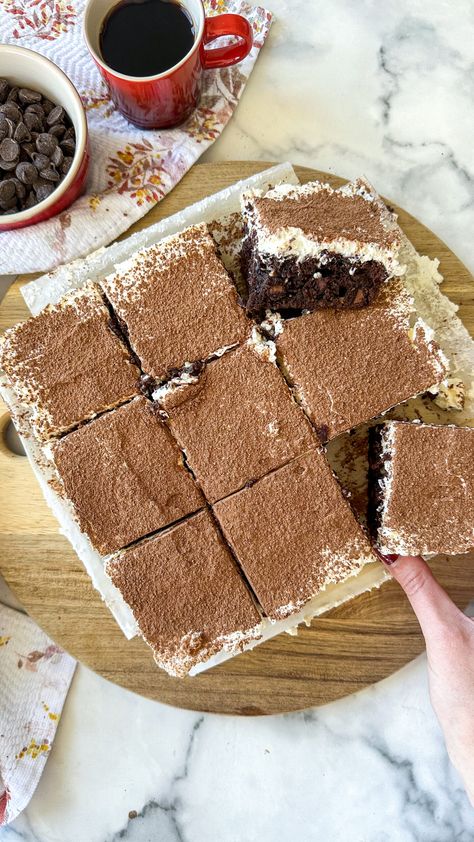 Tiramisu Brownies with Mascarpone Frosting - Tasting Thyme Brownies With Cocoa Powder, Cocoa Powder Recipe, Tiramisu Brownies, Whipped Mascarpone, Cocoa Powder Brownies, Free Range Eggs, Mascarpone Frosting, Tray Bake Recipes, Mascarpone Cream