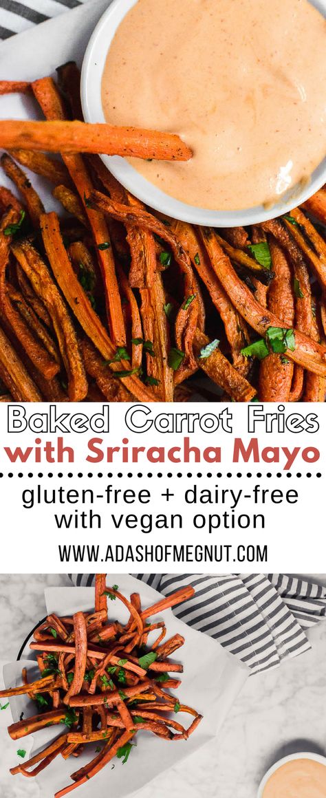 Baked Carrot Fries with Sriracha Mayo make a great gluten-free appetizer or side for your meal. Make simple baked carrot fries with those carrots sitting in your product drawer in the refrigerator. Served with a spicy sriracha mayo, these baked carrot fries are full of flavor! A fun and easy way to get your veggies in your diet and love them, too. Gluten-free and dairy-free with a vegan option. #glutenfree #dairyfree #vegan #appetizer #entertaining #potluck via adashofmegnut Carrot Fries Baked, Dairy Free Appetizers, Vegan Appetizer, Carrot Fries, Baked Carrots, Sriracha Mayo, Gluten Free Appetizers, Appetizers For A Crowd, Easy Veggie