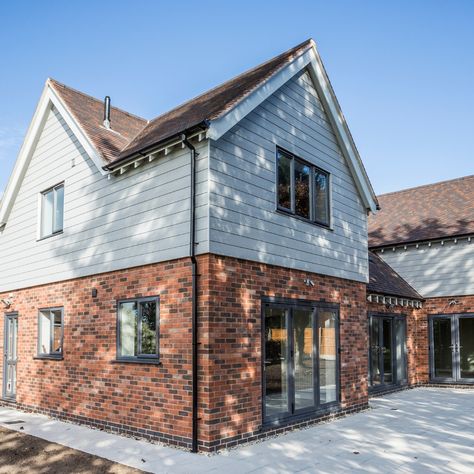 Cedral Click fibre cement cladding Weatherboard And Brick Exterior, Brick And Render Exterior Uk, Brick And Render Exterior, Brick And Weatherboard Exterior, Cedral Cladding, Classic Home Exterior, Bungalow Inspiration, House Frontage, Weatherboard Exterior