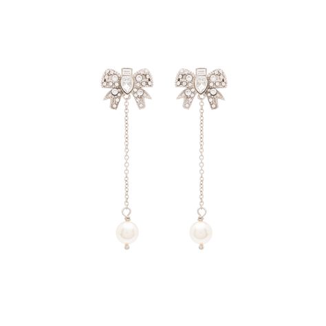 Pendant earrings with crystals and pearls Cream/Cristal | Miu Miu Earrings With Crystals, Jeweled Earrings, Bow Earrings, Rhinestone Studs, Powder Pink, Jewelry Inspo, Pretty Jewellery, Pendant Earrings, Cute Jewelry