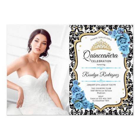 Quinceanera Party With Photo - Royal Blue Gold Invitation Black White Invitation, Quinceanera Pictures, Elegant Birthday Invitations, Quinceanera Pink, Quinceanera Tiaras, Purple Invitations, Pink Invitation, Silver Invitation, Rose Gold Invitations