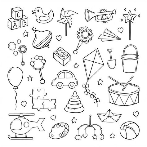 Toys Doodle, Pandora Kids, Disney Coloring Pages Printables, Toys Drawing, Banner Doodle, Birthday Doodle, Drawing Toys, Kids Doodles, Cute Little Tattoos