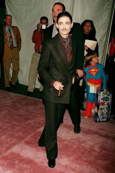 The Best Celebrity Halloween Costumes Of All Time #refinery29 http://www.refinery29.com/2016/09/122480/best-celebrity-halloween-costumes-2016#slide-30 Demi Moore As Gomez Addams, 1997Even today, it's rare to see famous actresses go full drag king, as Moore did so gorgeously here.... Gomez Makeup Addams Family, The Godfather Halloween Costume, Butch Halloween Costumes, Drag Halloween Costume, Famous Characters Costumes, Gomez Addams Aesthetic, Famous Halloween Costumes, Rare Halloween Costumes, Halloween Celebrity Costumes