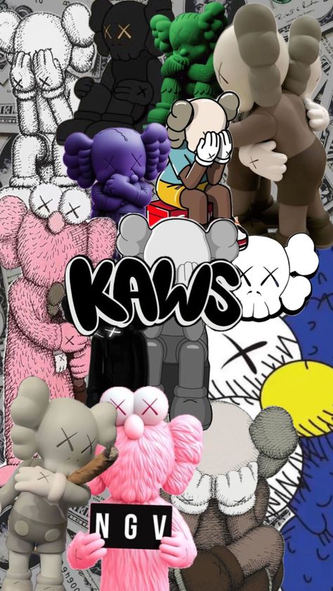 Kaws Wallpaper For Ipad, Decal Codes For Bloxburg Kaws, Kaws Family Wallpaper, Kaws Collage Wallpaper, Cute Kaws Wallpaper, Kaws Desktop Wallpaper, Kaws Collage, Kaws Background, Yellow Kaws