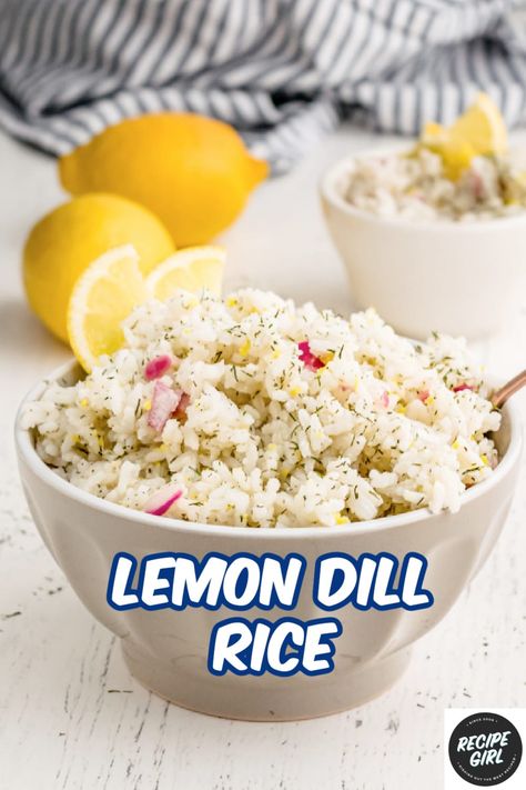 Lemon Dill Rice recipe from RecipeGirl.com #lemon #dill #rice #recipe #RecipeGirl Dill Pickle Rice, Lemon Dill Rice Recipe, Dill Rice Recipe, Vegan Lemon Rice, Lemon Dill Rice, Lemon Herb Rice Recipe, Lemon And Herb Rice, Flavorful Chicken Breast Recipes, Lime Chicken Breast