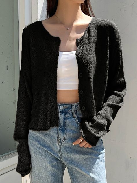 Black Casual Collar Long Sleeve Fabric Plain  Embellished High Stretch  Women Clothing Black Cardigan Outfit Casual, Cardigan Outfit Casual, Black Cardigan Outfit, Straight Midi Dress, Shoulder Cardigan, Drop Shoulder Cardigan, Cardigan Outfit, Trip Outfits, Áo Len Cardigan