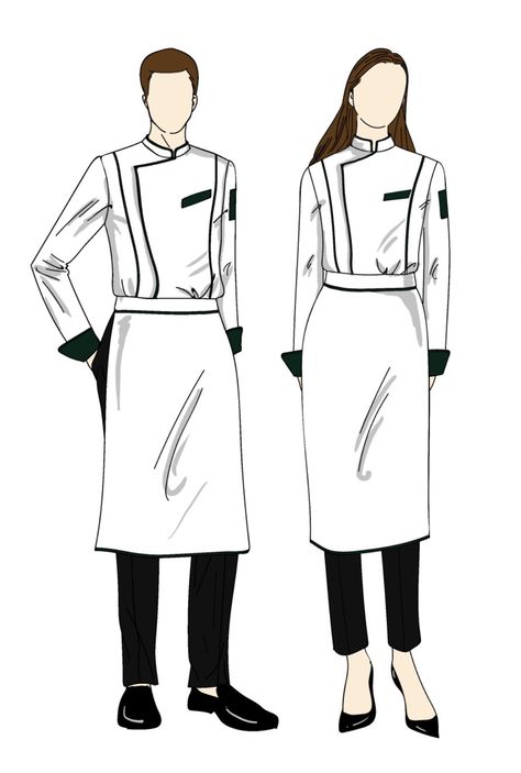 Chef Uniform Drawing, Chef Outfit Drawing, Uniform Design Drawing, Chef Clothes Design, Uniform Sketch, Chefs Uniform, Chef Drawing, Dress Illustration Design, Chef Outfit