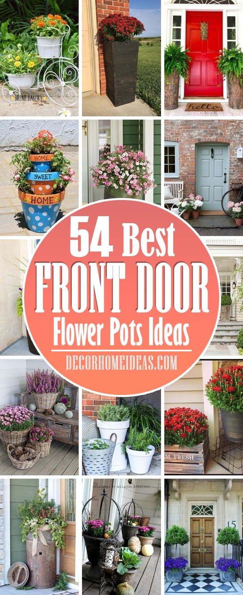 Flower Pot Front Door, Main Door Flower Pots, Flower Pots Front Door, Small Front Door Garden Ideas, Flower Front Door, Entryway Potted Plants, Front Porch Steps Decor Potted Plants, Flower Pots By Garage Doors, Front Porch Potted Flowers