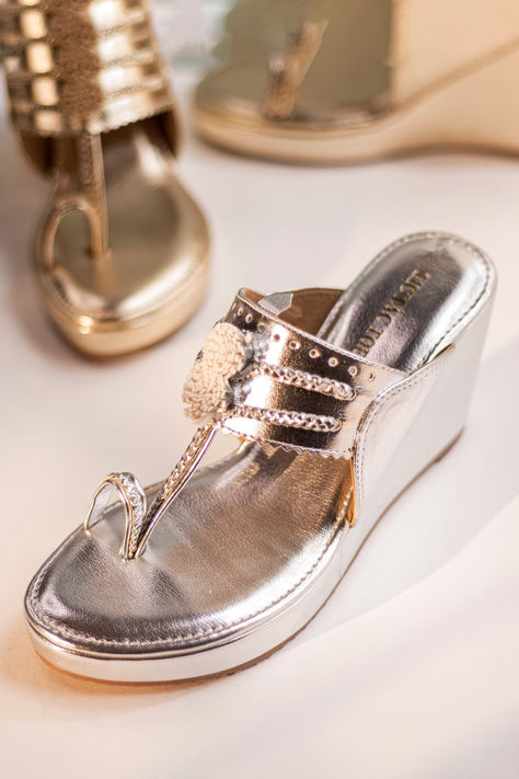 Silver Pom Pom Metallic Kolhapuri Wedges with Braided Details Handmade Fabric Bags, Shoes Heels Classy, Heels Classy, Tic Tac Toe, Handmade Fabric, Tic Tac, Fabric Bags, Indian Style, Aza Fashion